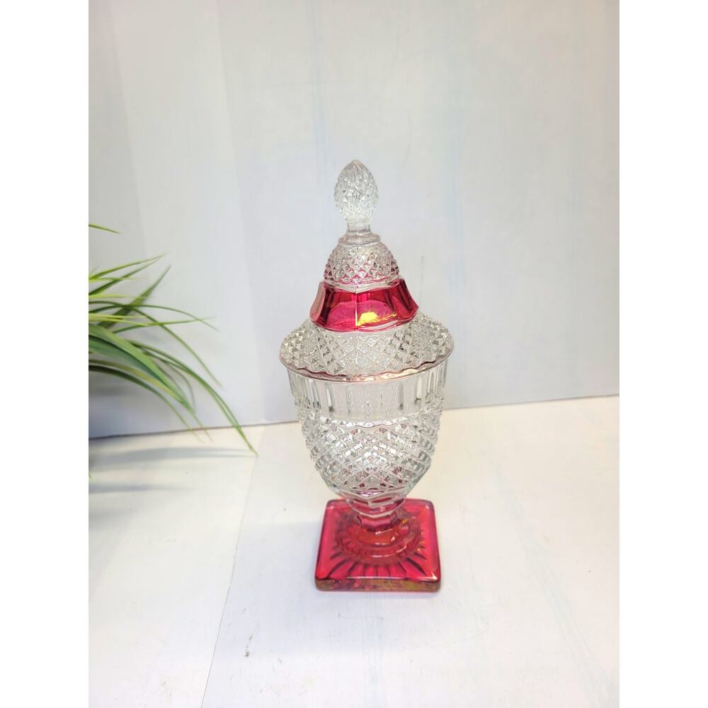 Vtg Westmoreland Glass English Hobnail Ruby Flashed Pedestal Covered Candy Jar